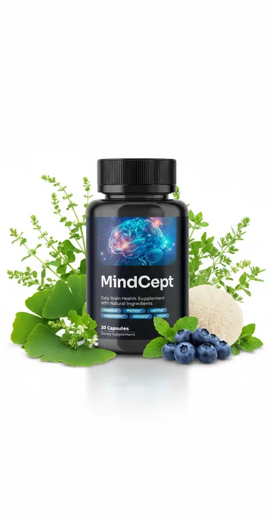 Mindcept nootropic capsule bottle on a desk beside walnuts, ginkgo leaves and a notebook