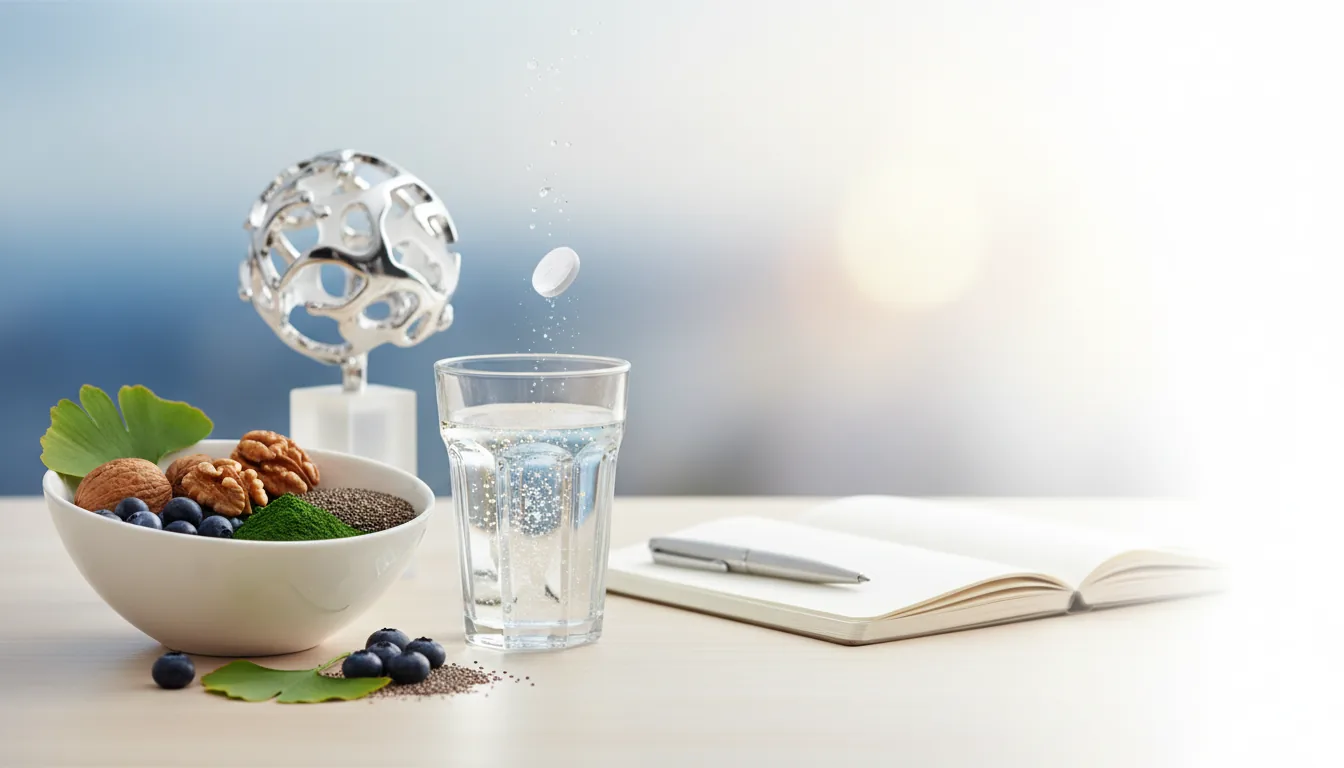 Brain-healthy foods beside Mindcept nootropic capsules: walnuts, blueberries and green tea