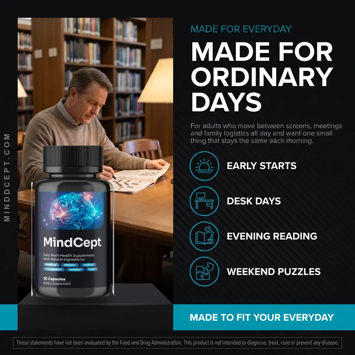 Who Mindcept is for: adults who want an easy daily memory and focus habit for early starts, desk days and evening reading